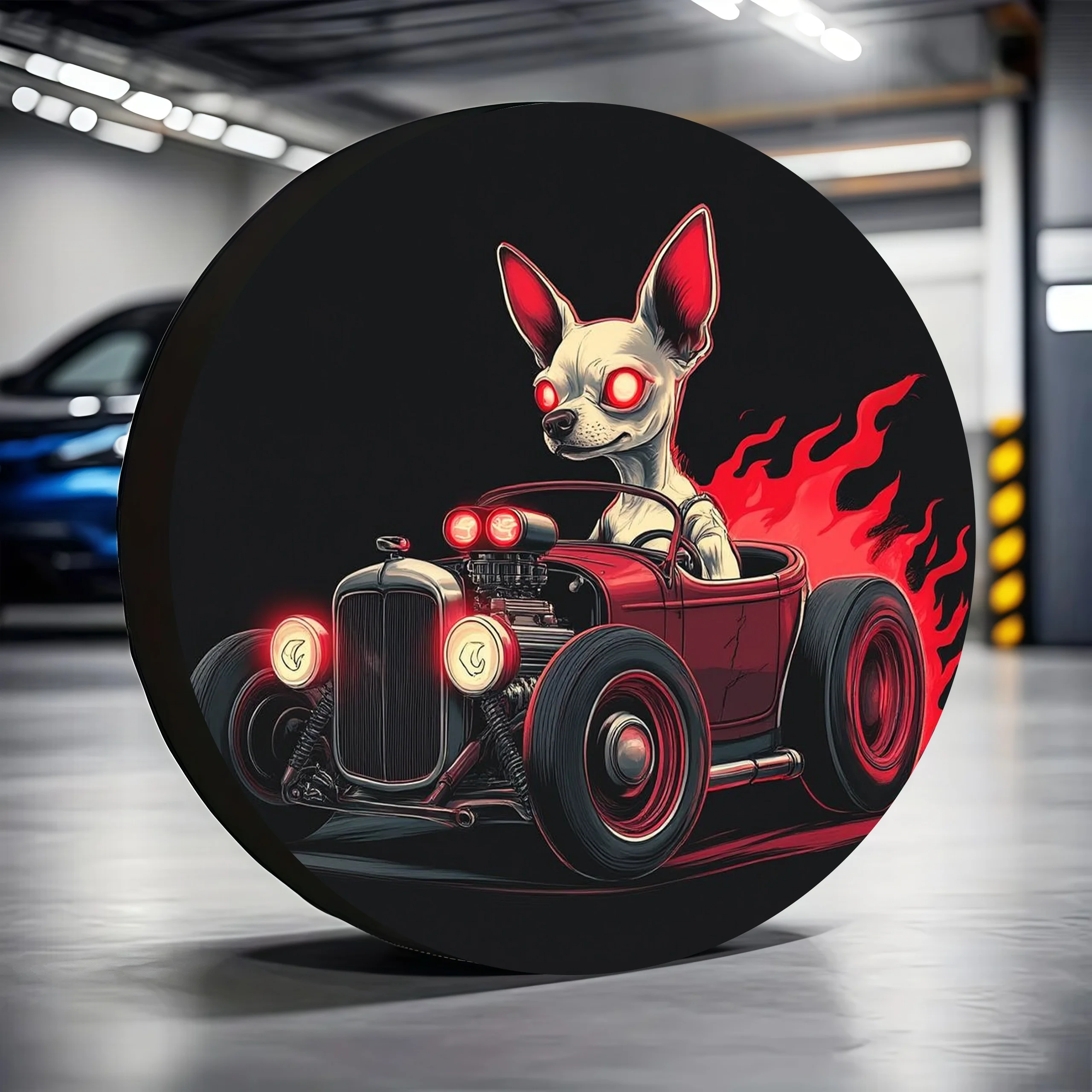 Chihuahua Hot Rod Spare Tire Cover Flames Graphic Waterproof Vinyl Protector