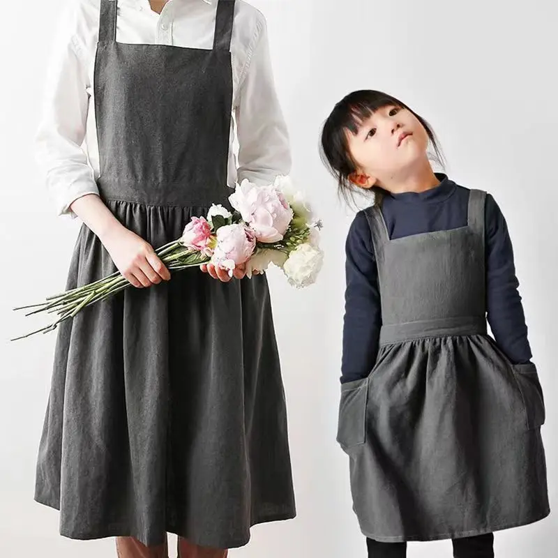 

Personalized Embroidered Name Cotton Linen Bib Apron Kitchen Baking Uniform Side Pocket Kids Craft Aprons Painting Cooking