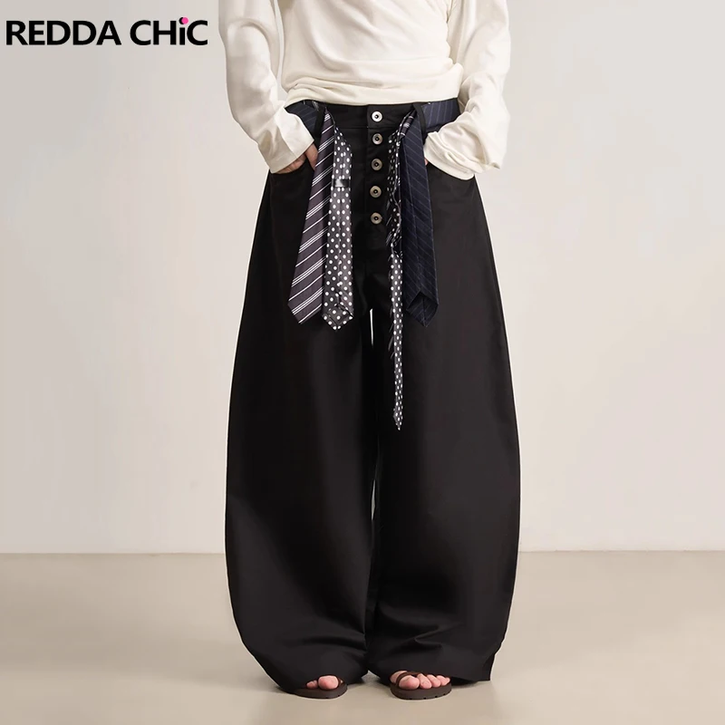 REDDACHiC Women's Tie Wide Leg Pants Cleanfit Black Pockets Button Detail Business Casual Suit Trousers Unisex Dressy Bottoms