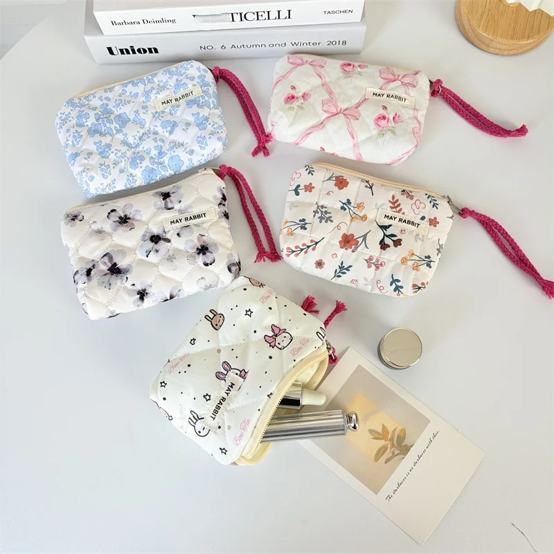 Fresh floral coin purse, cute mini lipstick makeup handbag, large storage bag