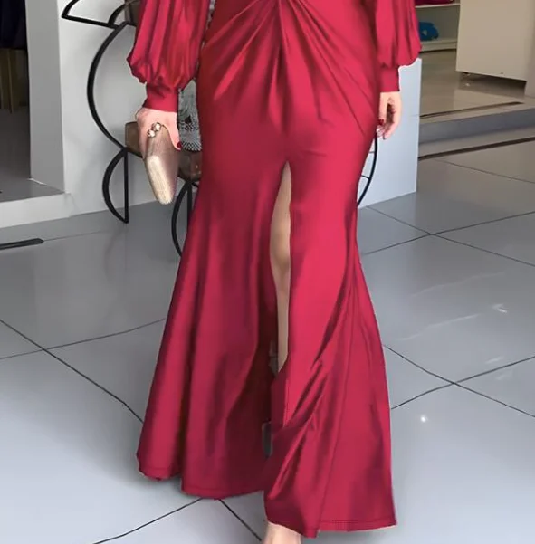 

Sexy Dresses Women Deep V Split Sleeve Front Twist Slit Evening Dress Female Elegant Cinched Waist Zipper Back Party Dresses