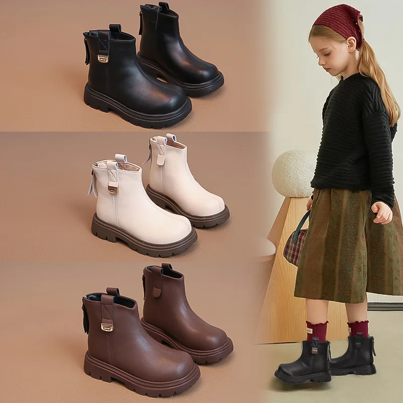 

Children Keep Warm Short Boots Girls Autumn Winter New Fashion British Style Soft Anti-slippery Versatile Ankle Leather Shoes