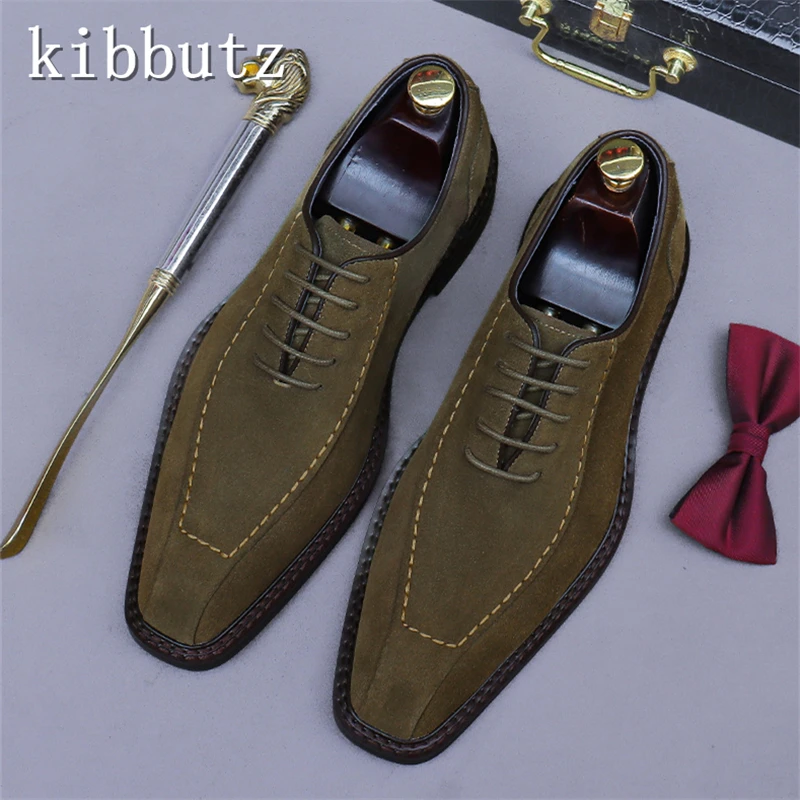 

British Retro Cow Suede Leather Oxford Shoes Men Luxury Handmade Square Toe Lace Up Casual Business Formal Shoes