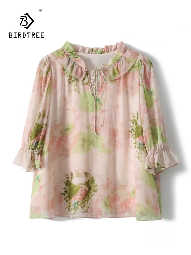 

BirdTree, 100%Mulberry Silk Elegant T-Shirt, Women Half Sleeve Ruffled Edge Printed, Commute Vacation Tops, 2024 Summer T45431QC