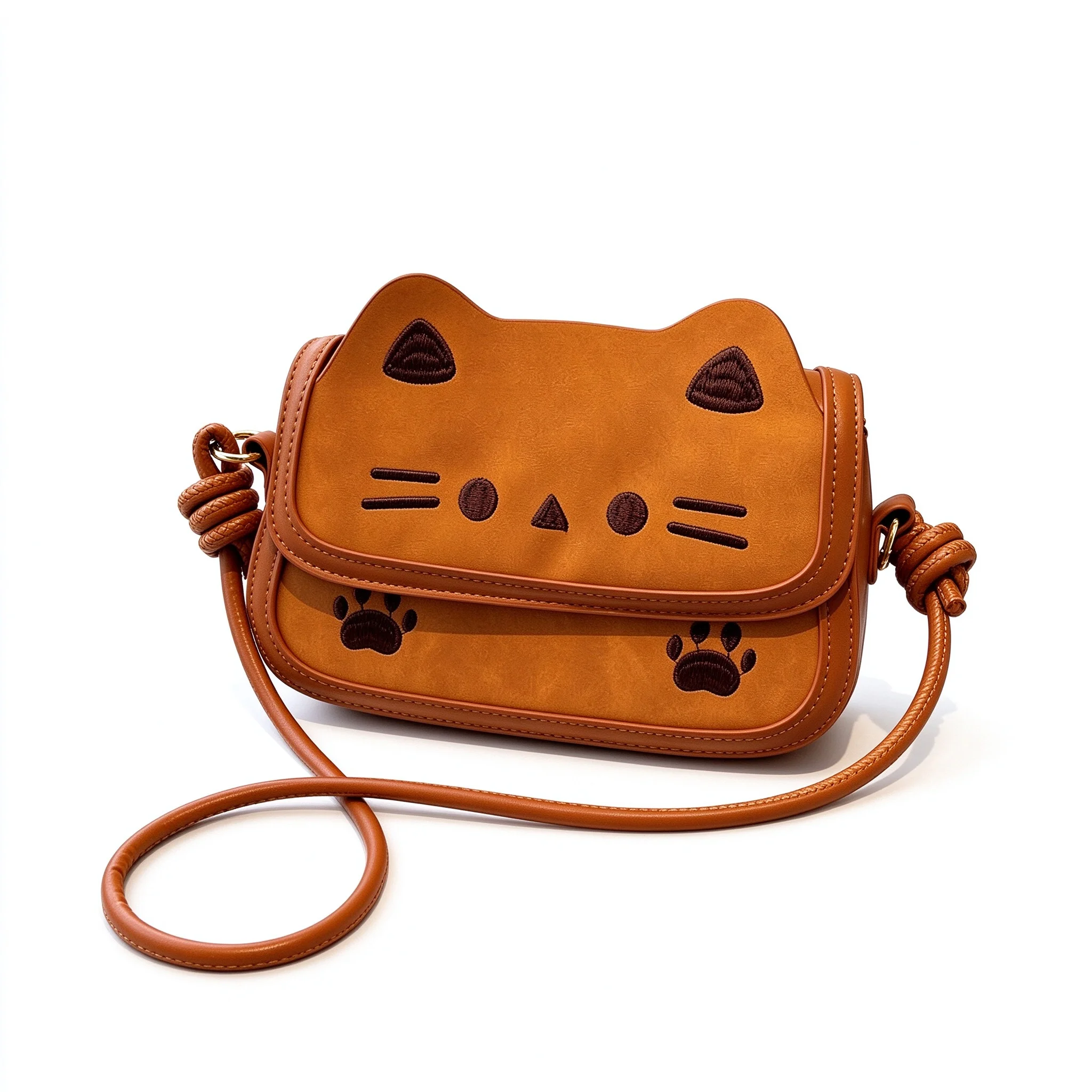 Black Coffee Brown Yellow Cute Brown Cat Face Embroidery Crossbody Bag Small PU Leather Shoulder Handbag Purse for Women Girls