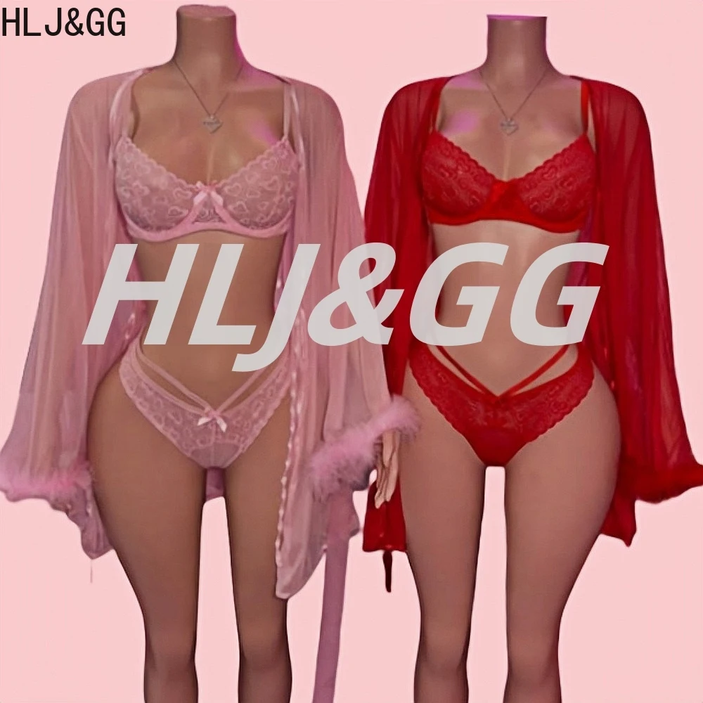 

HLJ&GG Sexy Lace See Though 3 Pieces Home Nightgown Sets Women Bra + Thong + Feather Cuffs Long Sleeve Kimino Robe Outfits 2025