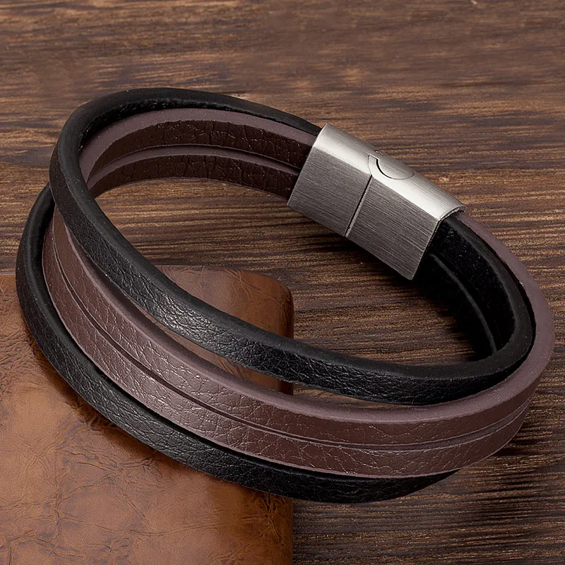 MKENDN Fashion Stainless Steel Bangle Multilayer Black Coffee Genuine Leather Bracelet Men Vintage Male Jewelry for women