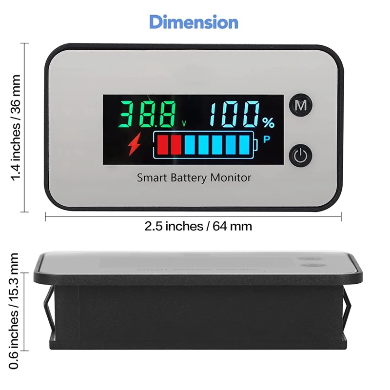 AB53 IPX7 Waterproof Battery Monitor 7-100V Battery Capacity Tester Meter with Buzzer Alarm Temperature, Multicolored Screen