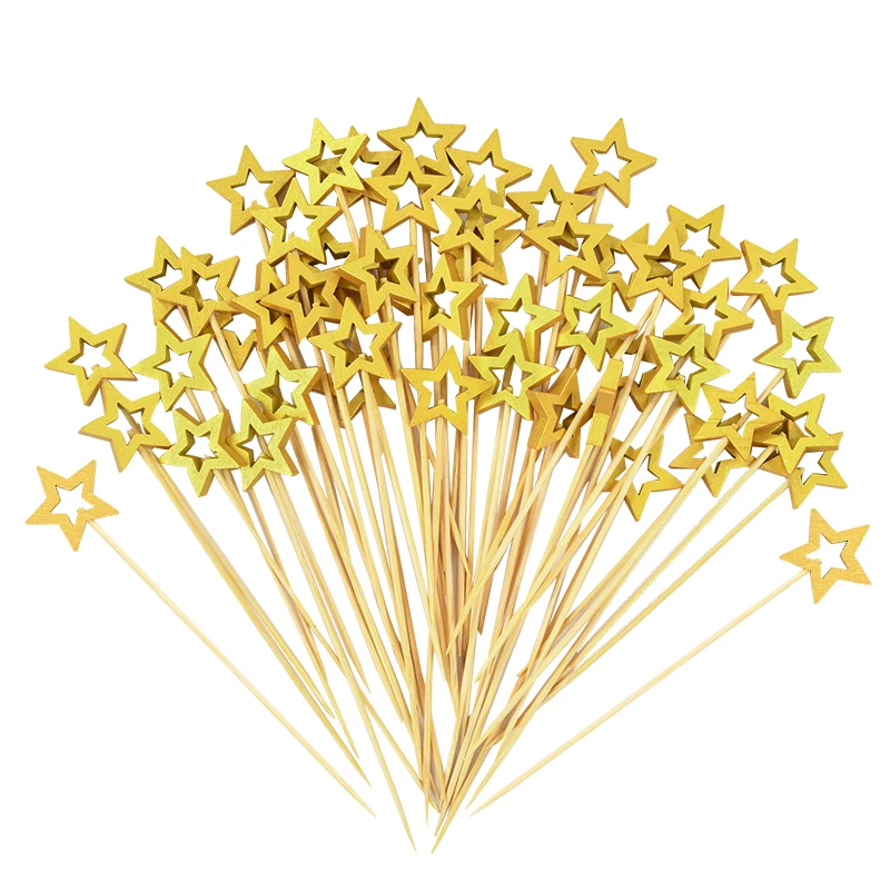 50/100PCS Gold Star Disposable Bamboo Sticks Christmas Wooden Fruit Fork Dessert Cocktail Picks Birthday Party Buffet Toothpick