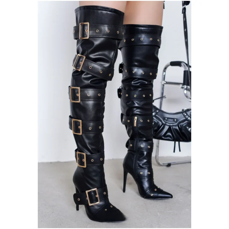 

Women Pointed Toe Over The Knee Boots Buckle Strap High Heel Lady Zipper Female Thigh High Stiletto Boots Casual Shoes Woman