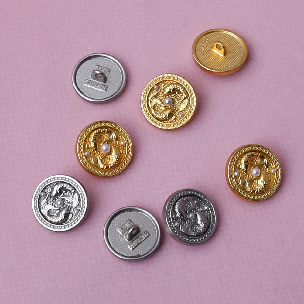 6PC Embossed 3D Goldfish Koi Jeans Shank Button With Pearl Charm Shirt Cufflinks Pisces Couple Button DIY Clothing Sewing Decor
