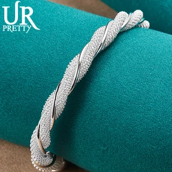 URPRETTY 925 Sterling Silver Braided Mesh Wide Adjustable Bangle Bracelet For Women Wedding Engagement Party Jewelry