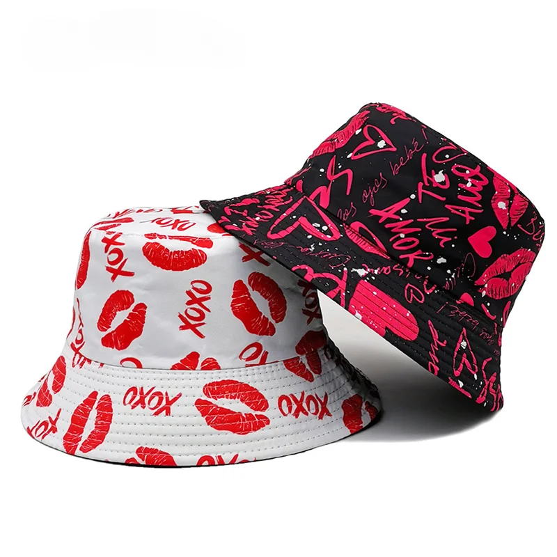 Red Lips Printing Bucket Hat Love Heart Graffiti Pattern Fisherman Hats Double Sides Panama Cap Summer Sunscreen Outdoor