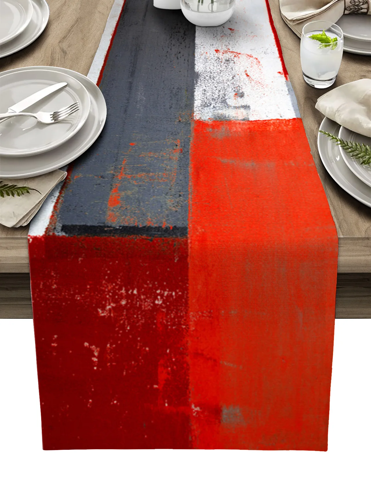 

Oil Painting Style Abstract Geometric Red Linen Table Runner Kitchen Table Decoration Dining Tablecloth Wedding Party Decor