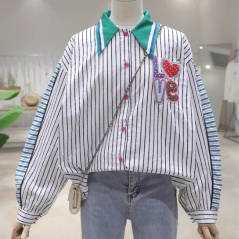 Exquisite Love Letter Embroidered POLO Collar Splicing Blouse 2024 Autumn Loose And Thin Striped Cotton Long-sleeved Shirt Women