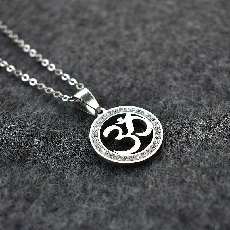 Stainless Steel OM Symbol Pendant Necklace Silver Color Pave CZ Crystal OM Yoga Long Chain Necklace Jewelry for Women Men