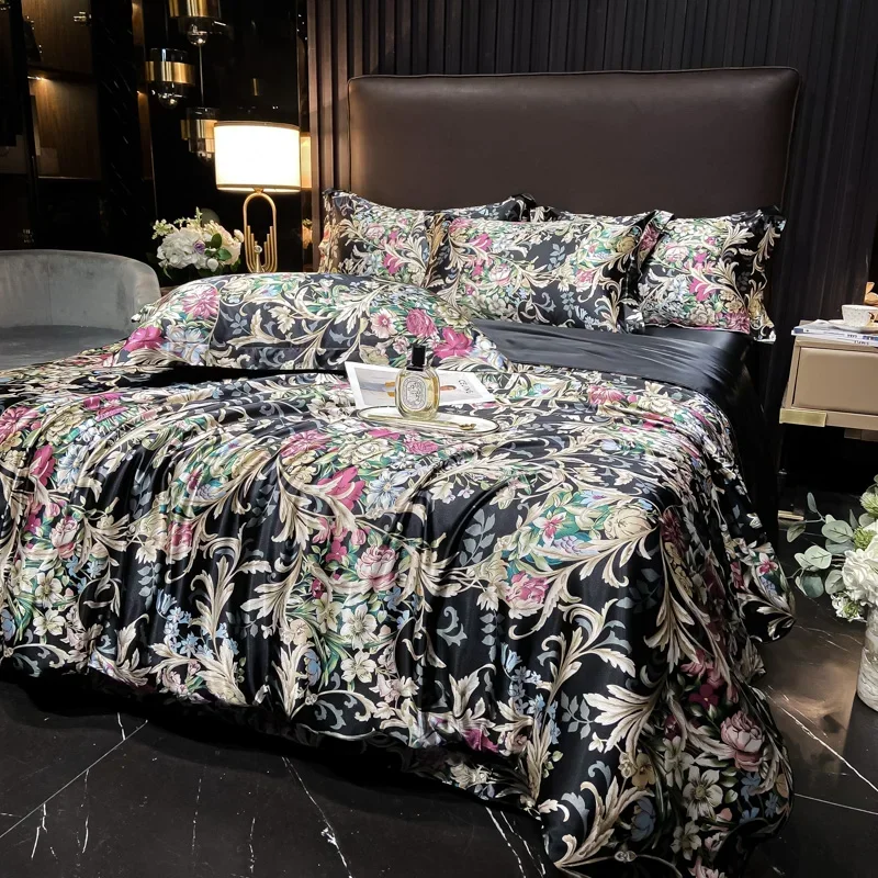 Luxury Natural Silky Bedding Set High-End Silk Satin Duvet Cover Set Single Double Queen King Size Printing Quilt Cover Set