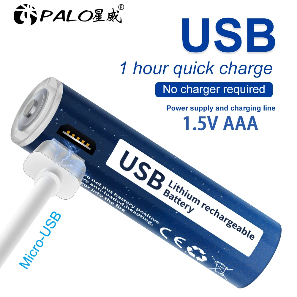 PALO 1.5V 1110mWh AAA lithium ion Battery 1.5V AAA USB rechargeable liion battery for Remote control wireless mouse + USB Cable