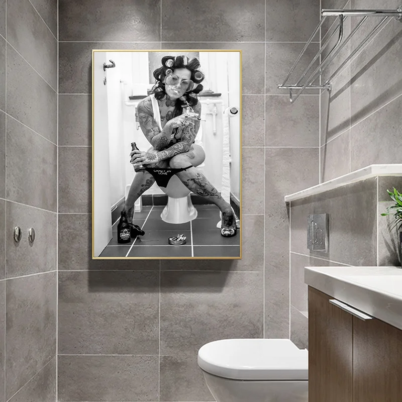Photography WC Figure Art Photos Canvas Posters Crazy in Love Smoking Woman Toilet Mural Home Bathroom Canvas Print Art Painting
