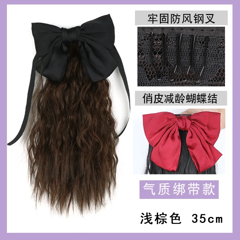 Drawstring Ponytail Extension With Bow For Women Fluffy Water Wave Crimped Synthetic Hair Multi Colors Length Options Daily Wear