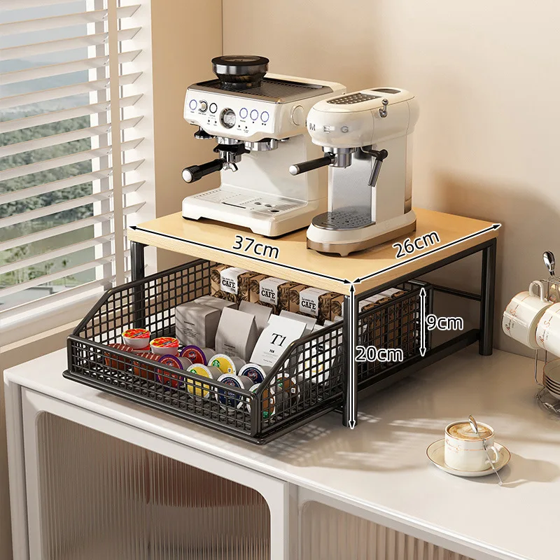 Coffee Machine Storage Rack Pull-Out Drawer Organizer Iron Wood Countertop Shelf for Tea Bags Coffee Capsules Cups Snacks Kitche