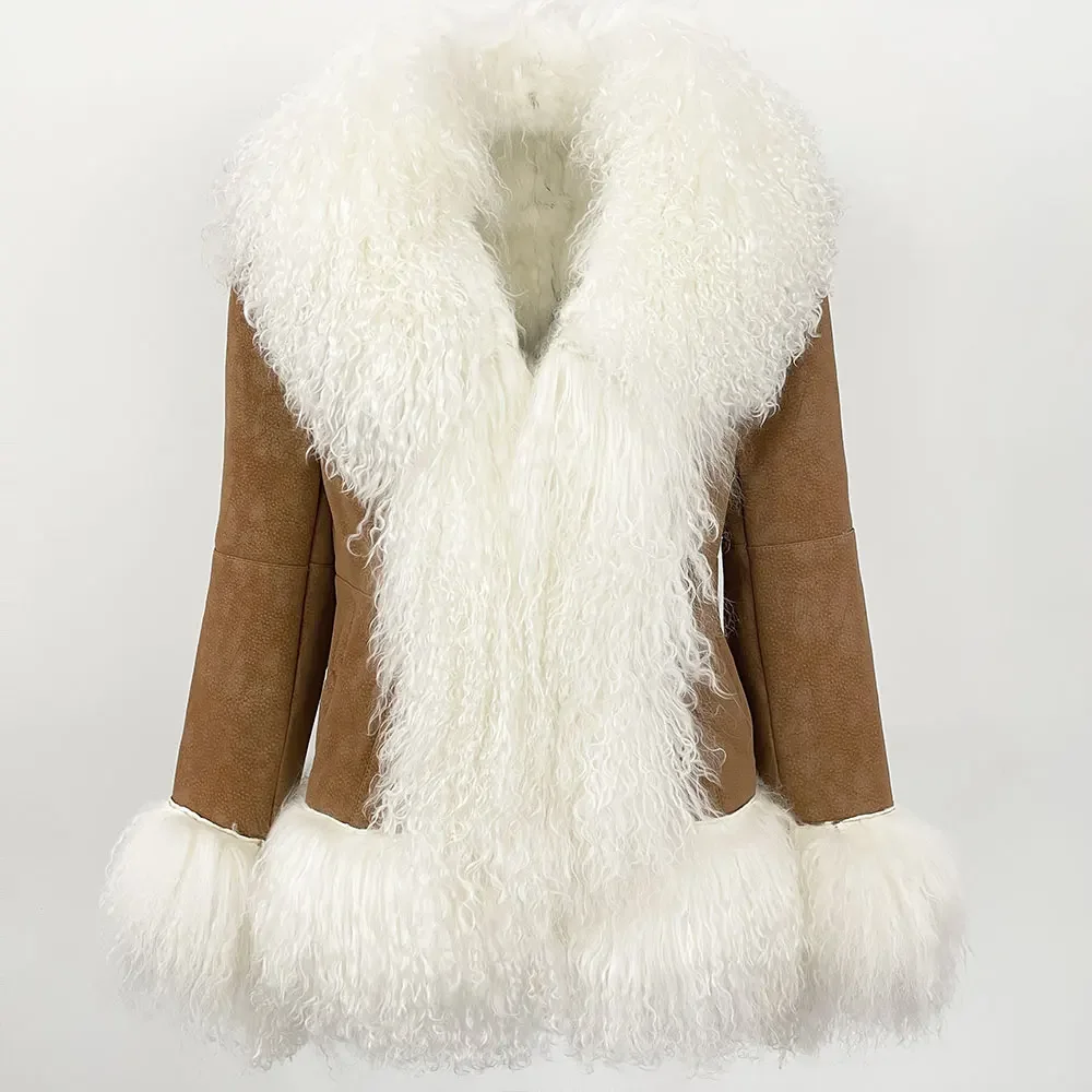 OFTBUY New Winter Warm Curly Mongolia Sheep Fur Jacket Women Vintage Shearling Coat Slim Faux Suede Real Rabbit Fur Clothing