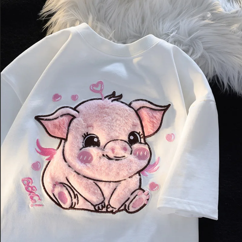 Adorable Pink Pig Plush Embroidery Short Sleeve Women\'s T-Shirt Teen Girls Cute Plush Flocking Kawaii Tee Shirt Preppy Clothes