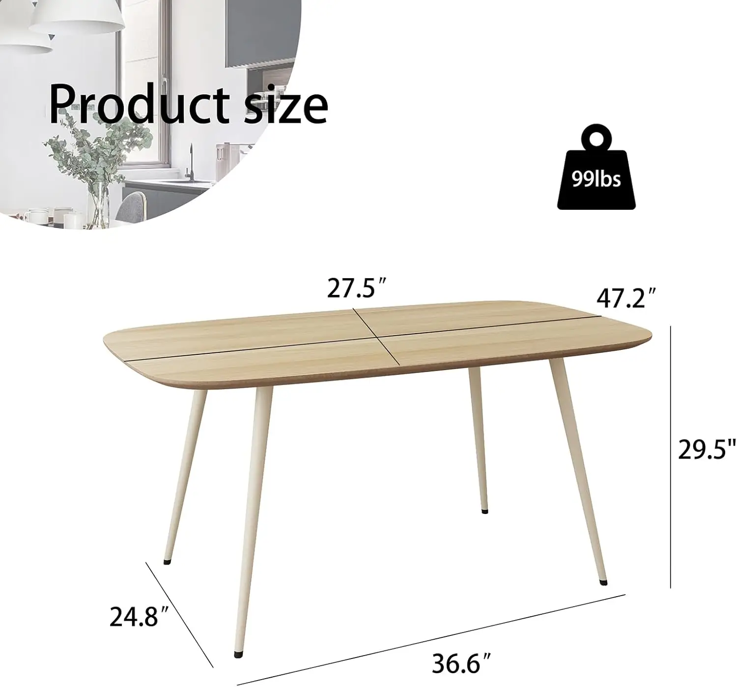 47.2'' Modern Farmhouse Dining Table, Wooden Rectangular Dining Table with Metal Legs for 4 People for Dining Room,