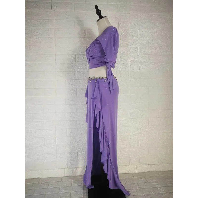 customized belly dance costume practice suit set in purple Short sleeved top with slit skirt caderines danza arabe