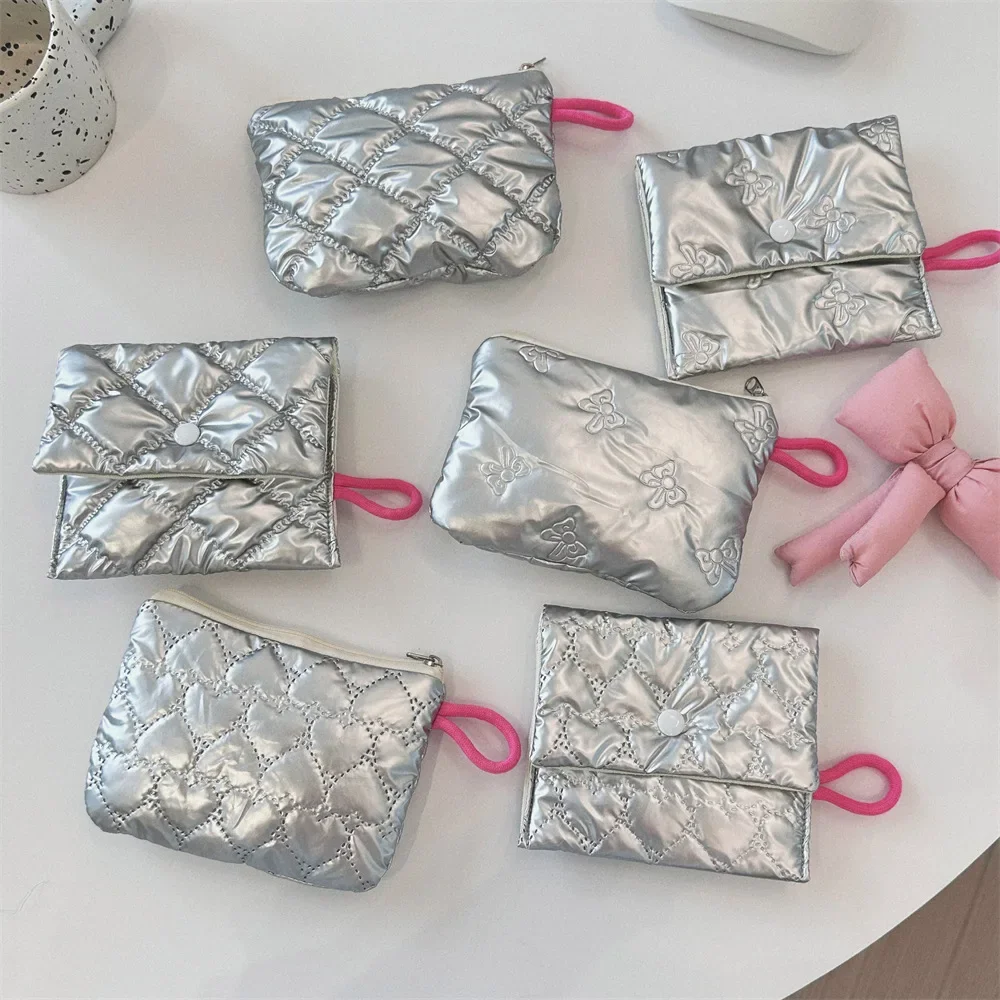 Lady Girls auricolare Coin Key Money Storage Bag Zipper Pouch Silver Lingge Bow Pattern portamonete portamonete piccolo in tela