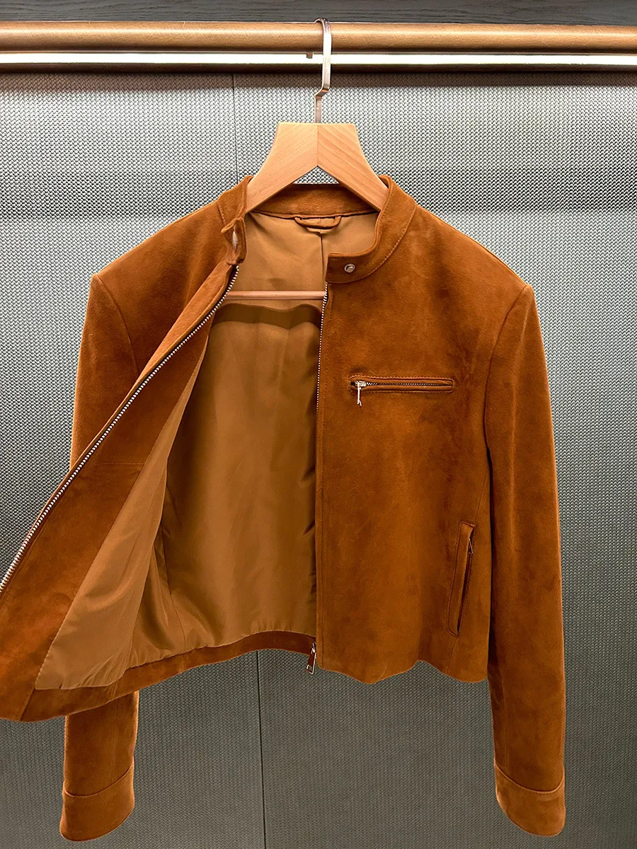 レトロブラウンシープスキンスエードスタンドカラーバイカージャケット女性用 - ショートスタイル