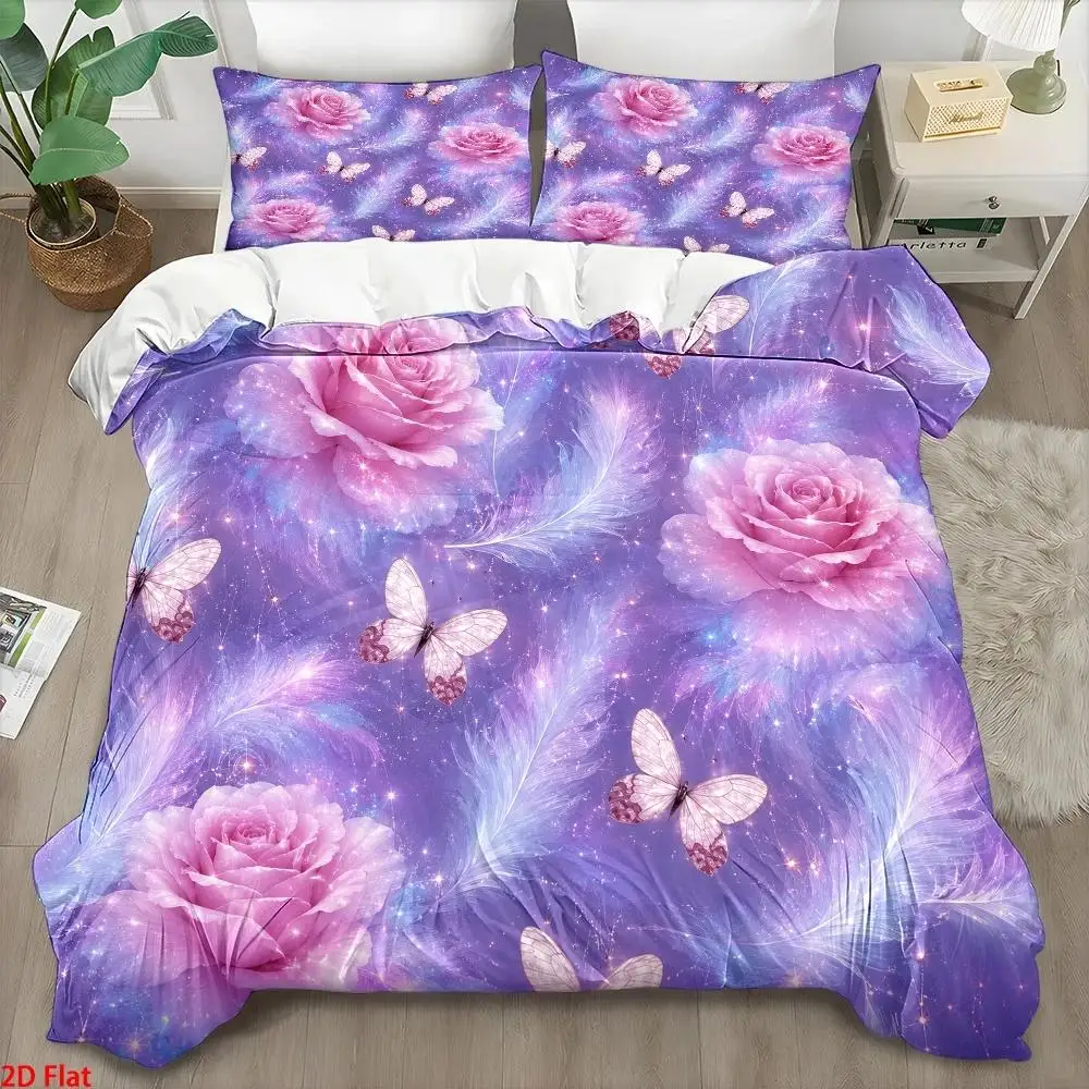 3Pc Dreamy Pink Rose Butterfly Feather Print Quilt Cover Set, Three-Piece Bedding Set (1*Quilt Cover + 2*Pillowcases), Skin-Friendly Breathable Polyester Woven Bedding, Light Luxury Bedroom Decoration Double Bedding, Suitable for All Seasons, Soft and Comfortable, Easy to Clean and Durable, Invisible Zipper Anti-Wrinkle, Machine Washable, Suitable for Home, Dormitory, Master Bedroom, Guest Room, Nordic Style Cozy Home Decor, Student Dormitory Bed Cover Set, Quilted Duvet Cover Modern Simple Large Bed Cover 2