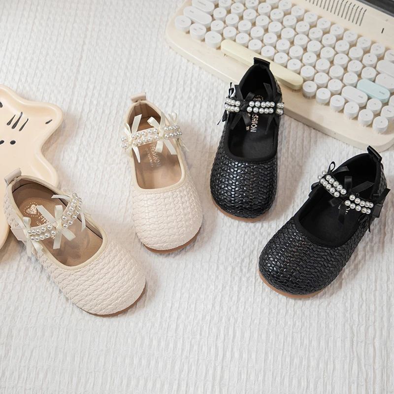 

Summer Girl's Princess Shoes Pearl Bowknot Braided Sweet Kid's Flat Shoe Solid Colors Anti-slip Trendy Daily Children Shoes