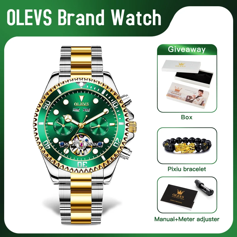 OLEVS 6605 Mens Watch Luxury Original Automatic Mechanical Watch Luminous Tourbillon Multifunctional Chronograph Watch For Men ﻿