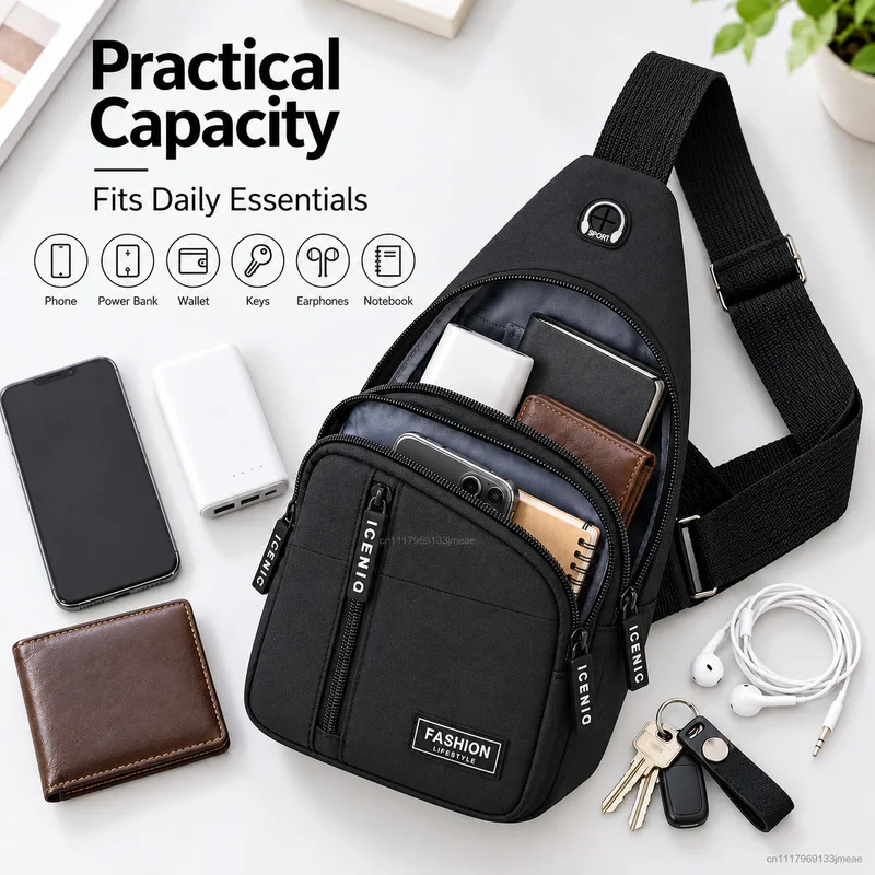 Men's Oxford Sling Bag Waterproof Casual Chest Bag Multifunctional Crossbody Shoulder Bag for Travel Commute with Earphone Hole