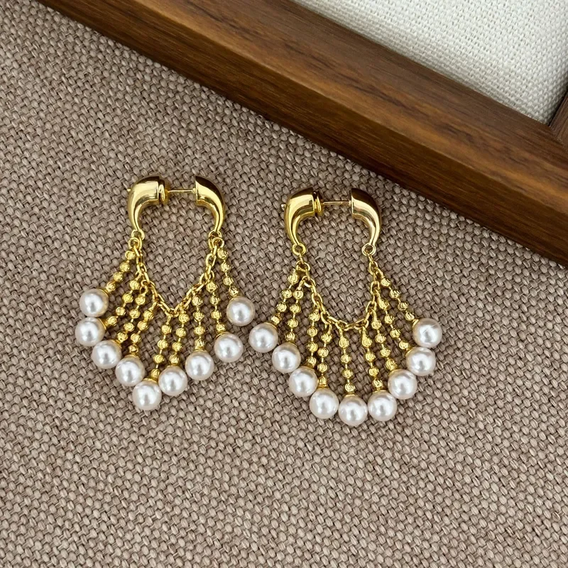French retro light luxury pearl fringed ear buckle multi-layer flash gold chain pendant pearl earrings temperament versatile