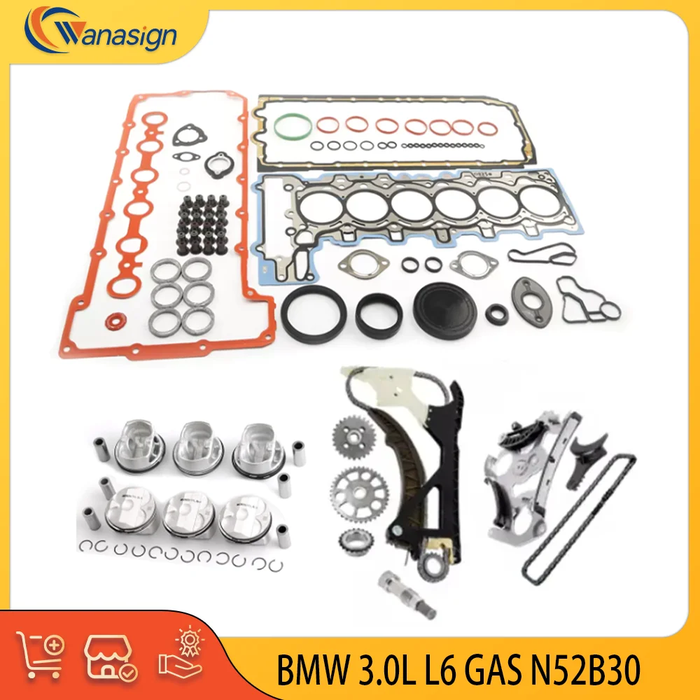 AUTO ENGINE PARTS Head Gasket Set Pistons & Rings Set Timing Chain Fits BMW N52B30 128i 328i 3.0L GAS 3.0 L T L6 2006-2013