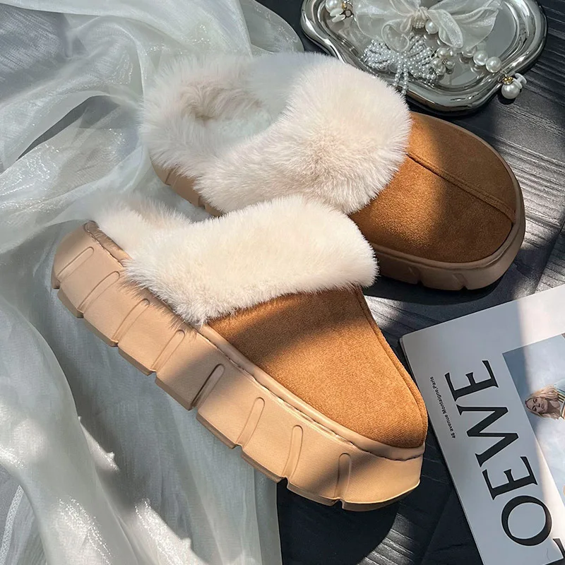 2024New Women Indoor Fluffy Slippers Thick Sole Winter Warm Shoes For Couples Soft Fur Keep Warm Female Male House Floor Slipper