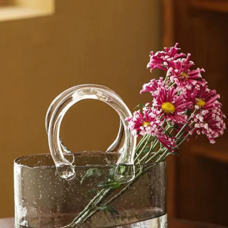 

Nordic Glass Fish Tank Glass Vase Transparent Bag Hydroponic Flower Arrangement Vase Table Decoration Handbag Glass Vase