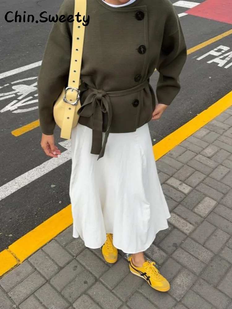 

Street Women"s Knitted Lace Up Jacket Solid O-neck Full Sleeve Single Breasted Coat 2025 Autumn Winter Lady Commute Outwear New