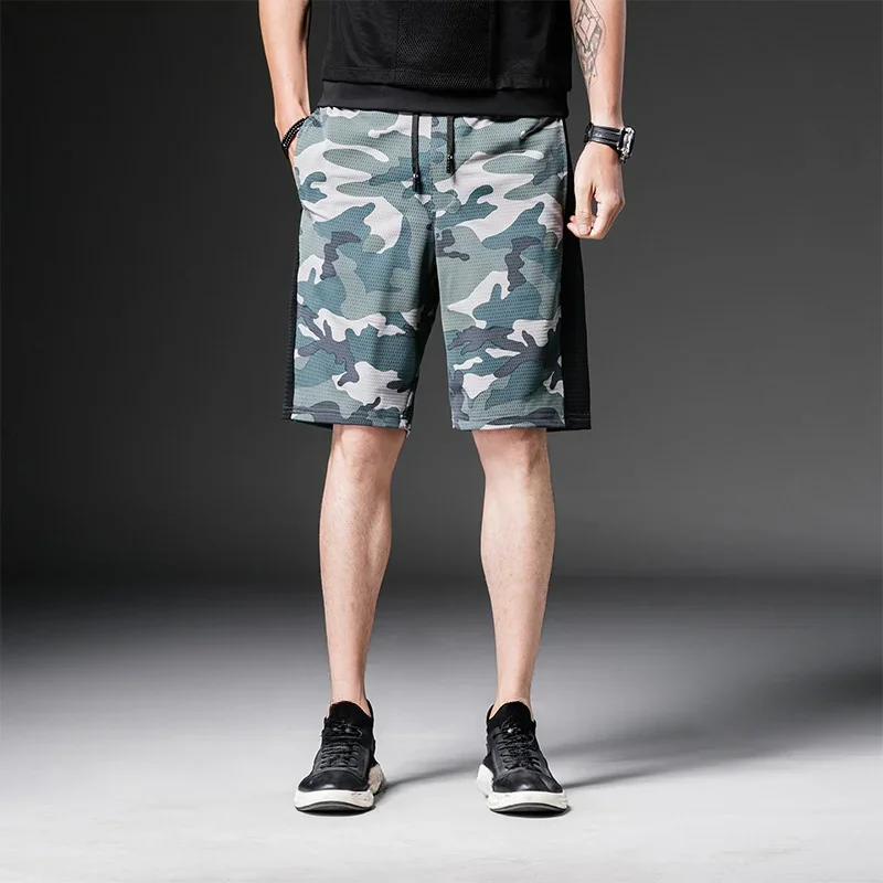 Summer Men Ice Silk Camo Green Quick Dry Short Pants Plus Size Boys Loose Mesh Outdoor Sportswear Drawstring Stretch Beachwear