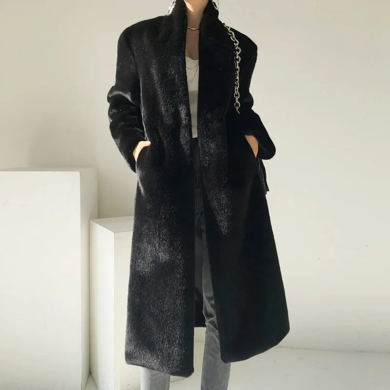 

Faux Fur Coats Women Stand Collar Mid Length Long Coat Thick Maxi Warm Y2k Tops Open Stitch Elegant Autumn Winter Black Jackets