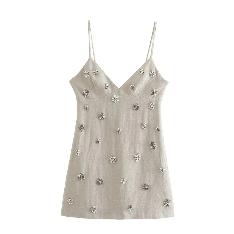 Frauen Chic Mode Ärmelloses Lnlay Mini Kleid Vintage Dünnen Trägern Sommer Weibliche Kleider Vestidos Mujer – Detail 1