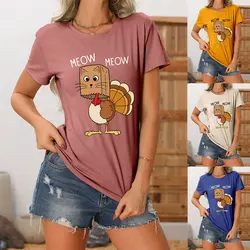 Summer round neck meow meow cat bag chicken print T-shirt new women's casual short-sleeved top with loose fashion pullover