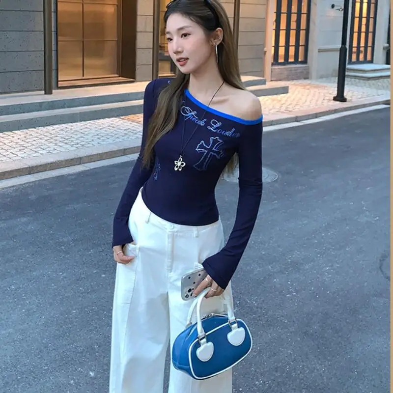 

2025 милая женская футболка, модные топы с открытыми плечами, кавайная рубашка Y2K для девочек, удобная, приятная для кожи, повседневная одежда