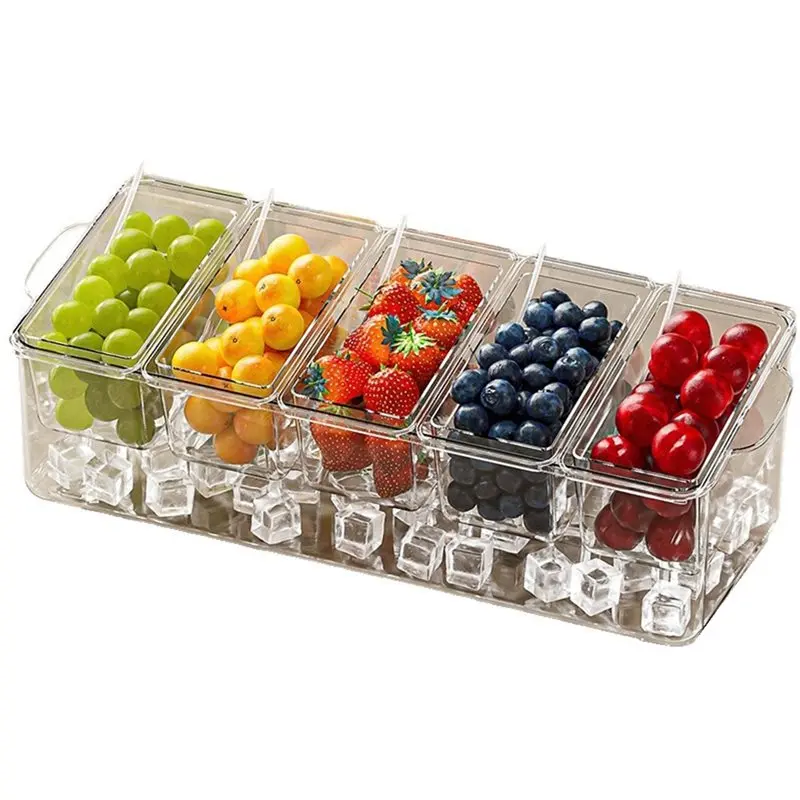 ABKY-Condiment Tray,Chilled Condiment Server For Home,Bar Garnish Holder On Ice,With Removable Trays And Lids 5 Spoons 2 Tong