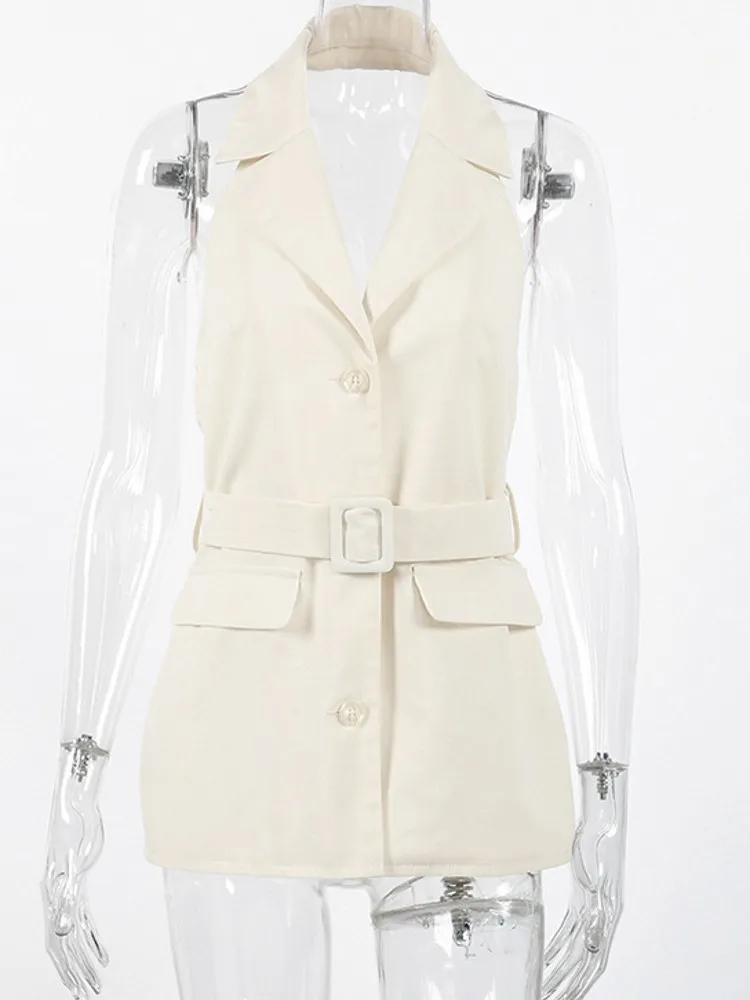 

2026 Women Summer Pocket Safari Style Blazer Top Coats Outerwear Sleeveless Tank Tops Women's Autumn Linen-cotton Coats