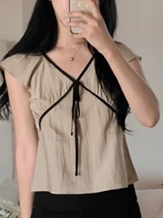 Retro V-ne Belted Loose Casual irt Summer New Sle Color Blo Fly Sve Women's Premium Sweater Online Exclusive