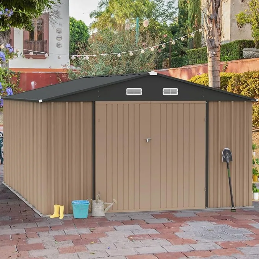 10X 10 FT Shantytown External Storage Shed Metal Garden Shed with Lockable Door, Outdoor Waterproof Tool Shed