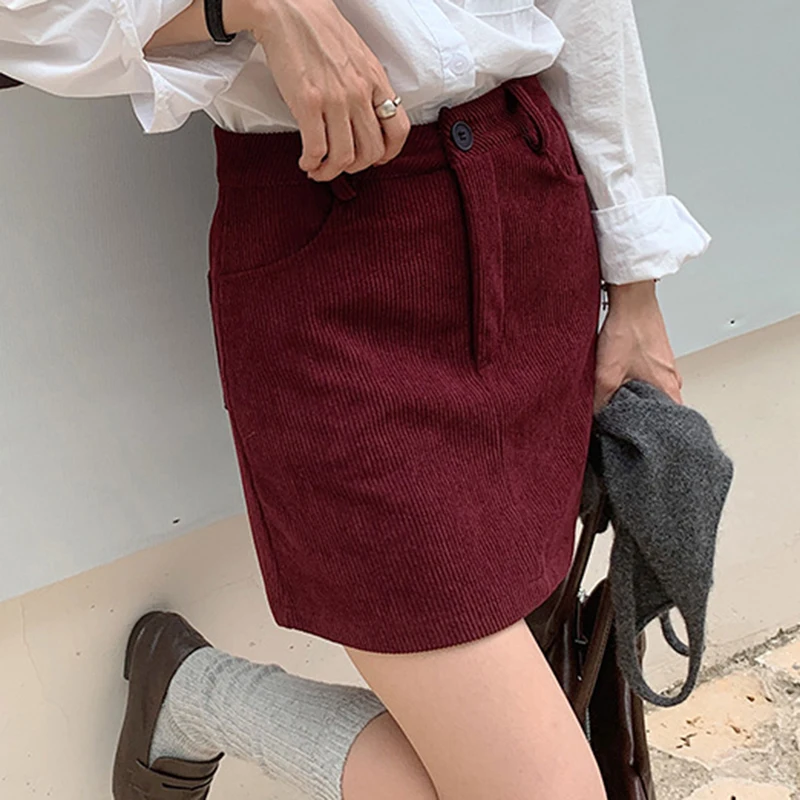 Korean Fashion Corduroy Mini Skirt Women Trendy Slimming High Waist Short Skirt Woman 2025 Vintage Office Bodycon Skirt Ladies